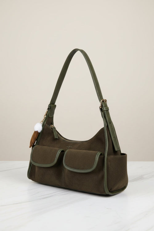 Dark Green Faux Suede Front Pocket Hobo Shoulder Bag