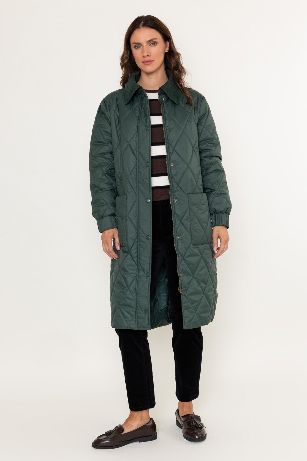 Dark Green Longline Padded Coat With Corduroy Collar