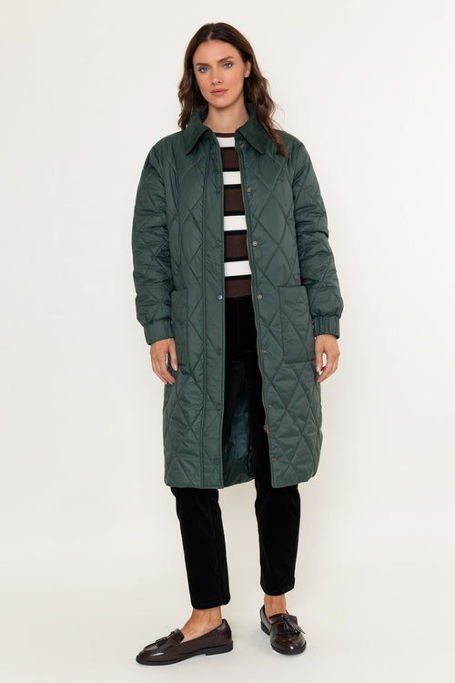 Dark Green Longline Padded Coat With Corduroy Collar