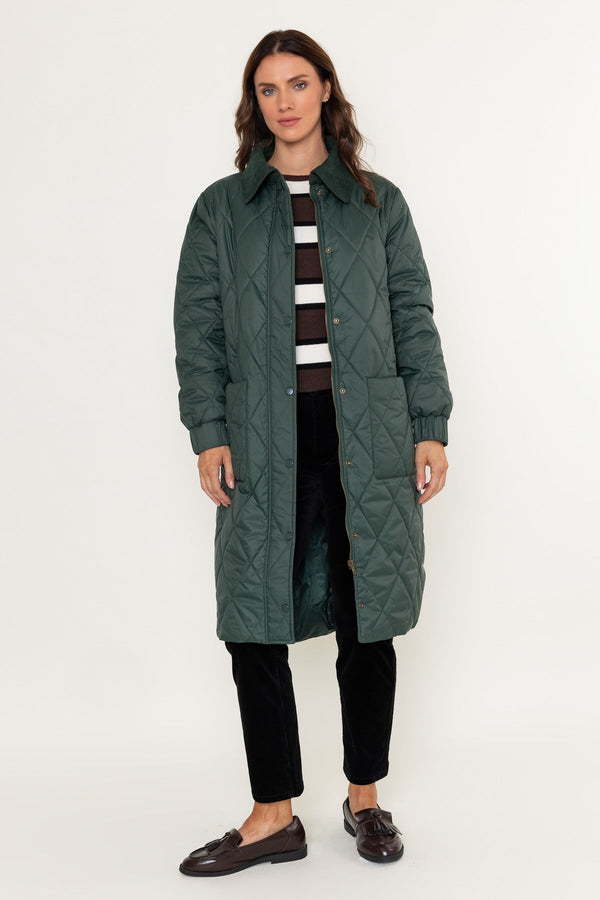 Carraig Donn Dark Green Longline Padded Coat With Corduroy Collar
