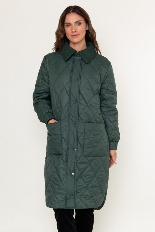 Carraig Donn Dark Green Longline Padded Coat With Corduroy Collar