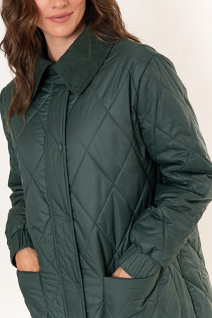 Carraig Donn Dark Green Longline Padded Coat With Corduroy Collar