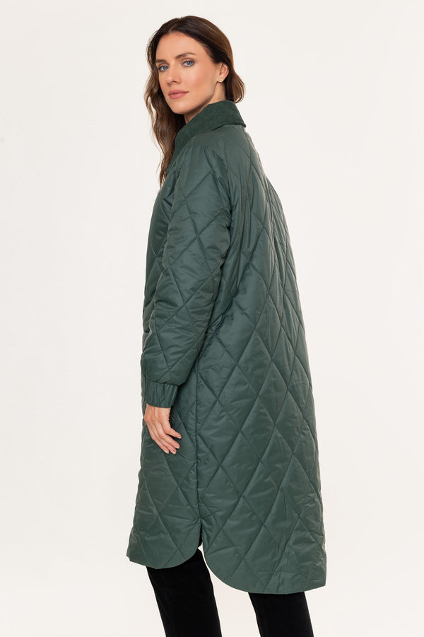 Carraig Donn Dark Green Longline Padded Coat With Corduroy Collar
