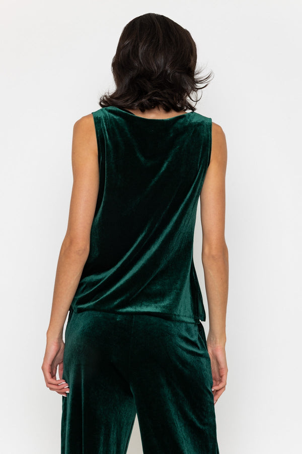 Carraig Donn Dark Green Velvet Cowl Neck Sleeveless Top