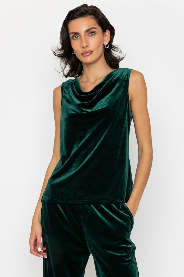 Carraig Donn Dark Green Velvet Cowl Neck Sleeveless Top