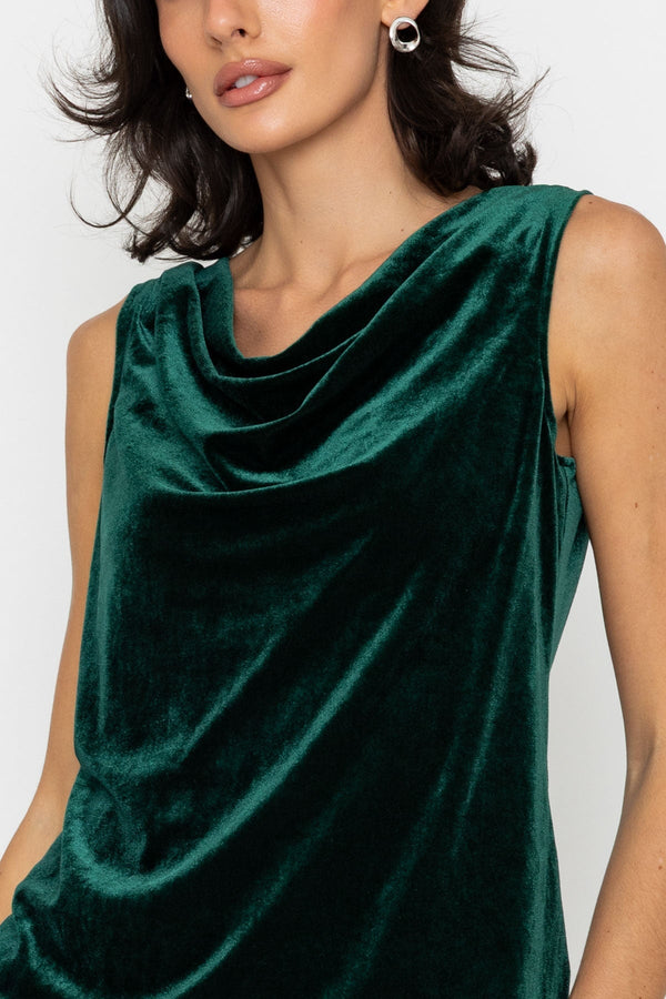 Carraig Donn Dark Green Velvet Cowl Neck Sleeveless Top