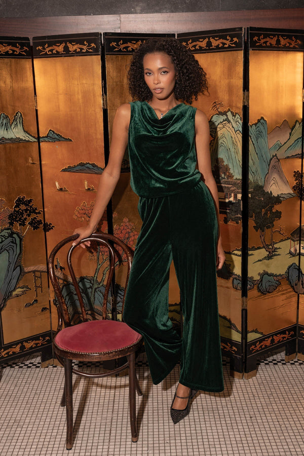 Carraig Donn Dark Green Velvet Cowl Neck Sleeveless Top