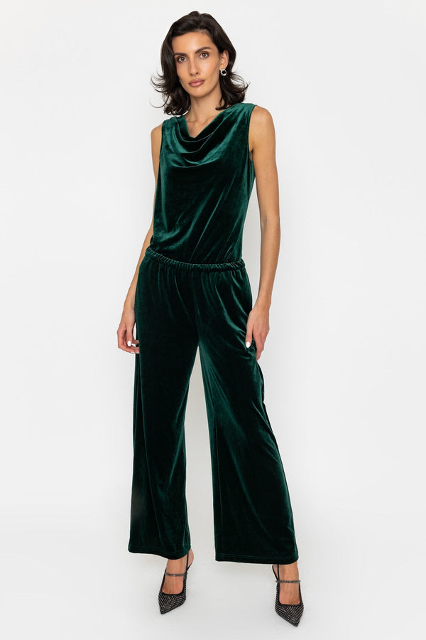 Carraig Donn Dark Green Velvet Pull On Wide Leg Trousers