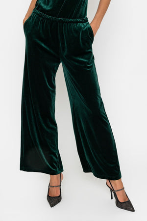 Carraig Donn Dark Green Velvet Pull On Wide Leg Trousers