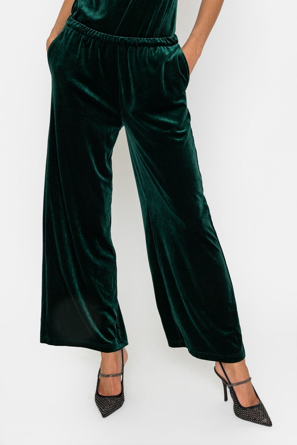 Carraig Donn Dark Green Velvet Pull On Wide Leg Trousers