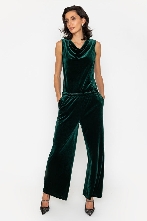 Carraig Donn Dark Green Velvet Pull On Wide Leg Trousers