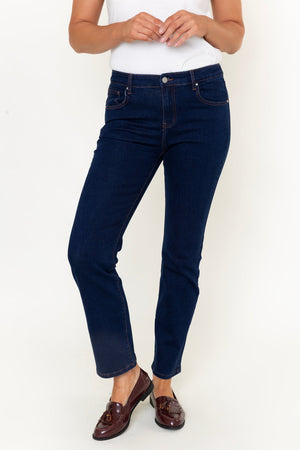 Carraig Donn Dark Indigo Denim High Waist Straight Leg 5 Pocket Jeans