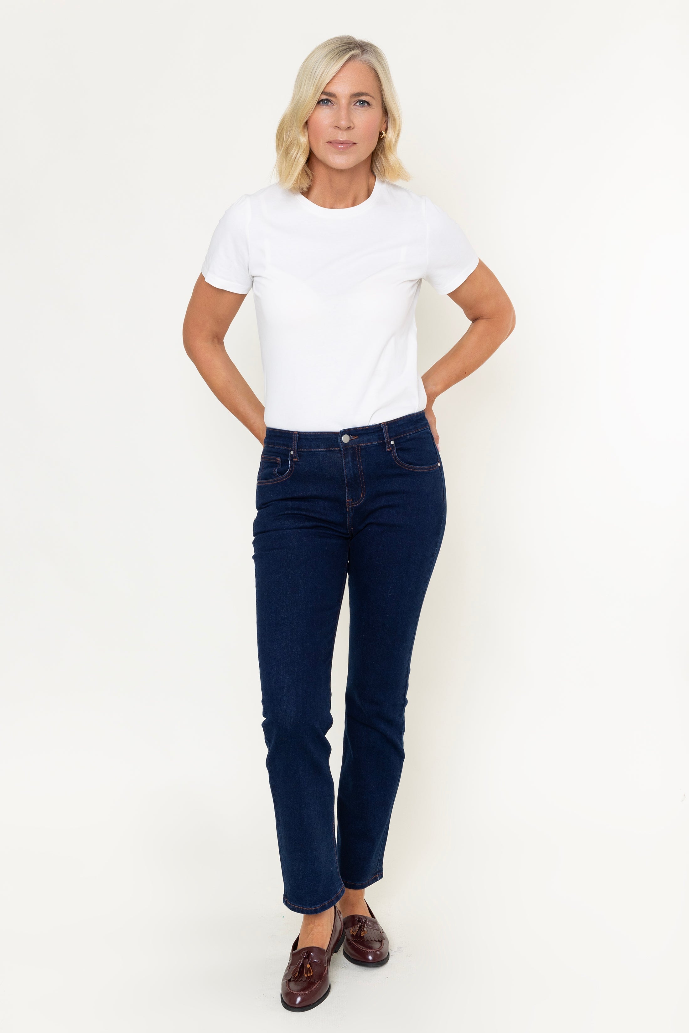 Dark Indigo Denim High Waist Straight Leg 5 Pocket Jeans