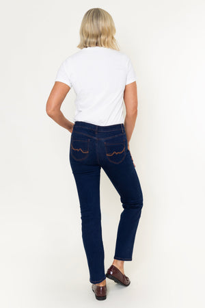 Carraig Donn Dark Indigo Denim High Waist Straight Leg 5 Pocket Jeans