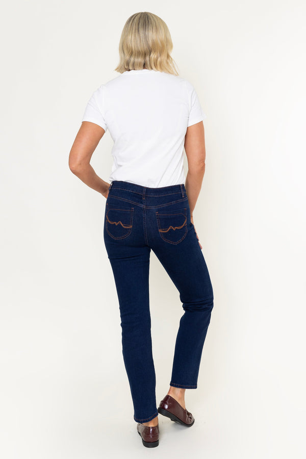 Carraig Donn Dark Indigo Denim High Waist Straight Leg 5 Pocket Jeans