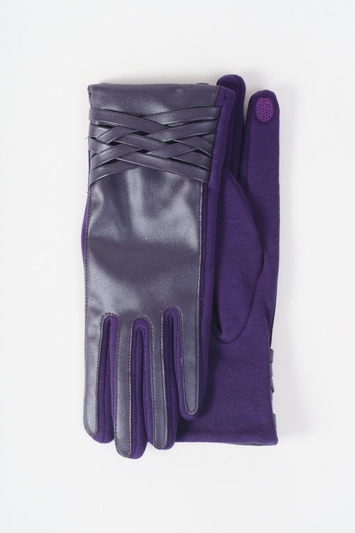 Dark Purple Faux Leather Woven Cross Detail Gloves
