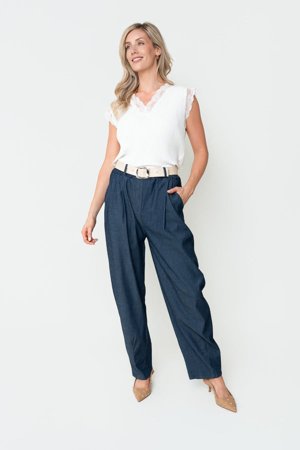 Carraig Donn Denim Cotton Belted High Waisted Barrel Jean