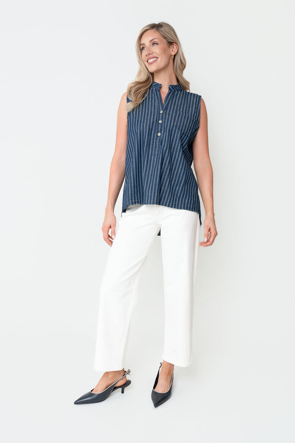 Carraig Donn Denim Cotton Stripe Collarless Sleeveless Shirt