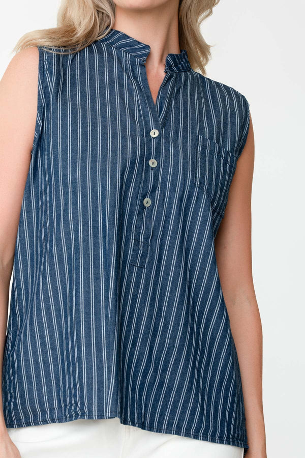 Carraig Donn Denim Cotton Stripe Collarless Sleeveless Shirt