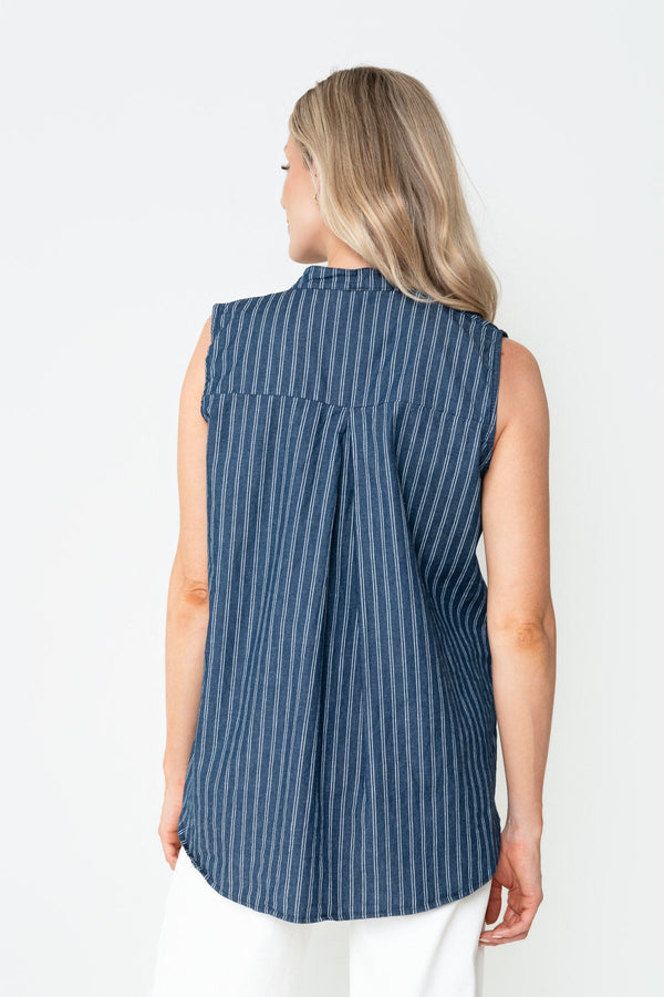 Carraig Donn Denim Cotton Stripe Collarless Sleeveless Shirt