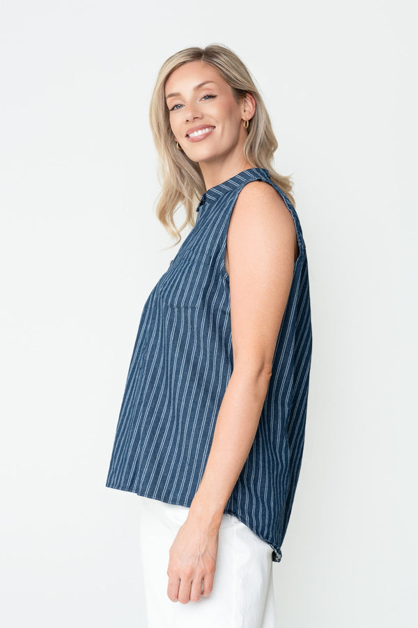 Carraig Donn Denim Cotton Stripe Collarless Sleeveless Shirt