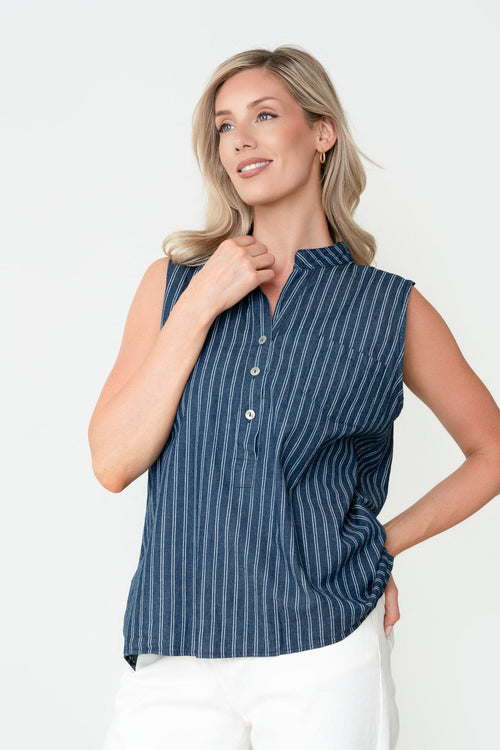 Denim Cotton Stripe Collarless Sleeveless Shirt