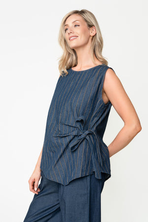 Carraig Donn Denim Cotton Stripe Tie Side Round Neck Sleeveless Top
