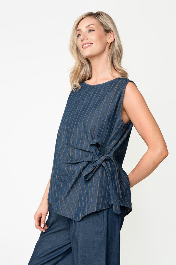 Carraig Donn Denim Cotton Stripe Tie Side Round Neck Sleeveless Top