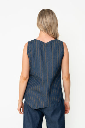 Carraig Donn Denim Cotton Stripe Tie Side Round Neck Sleeveless Top