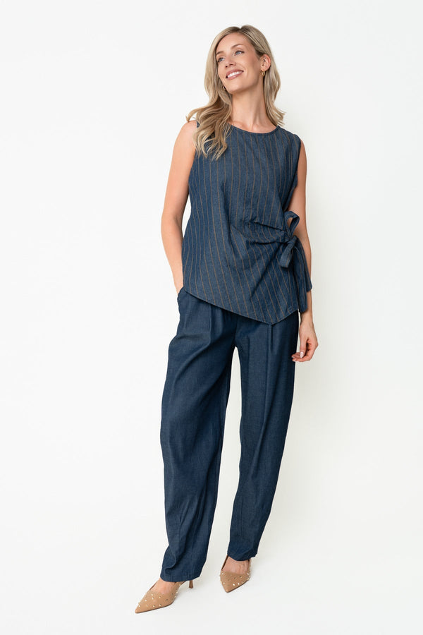 Carraig Donn Denim Cotton Stripe Tie Side Round Neck Sleeveless Top