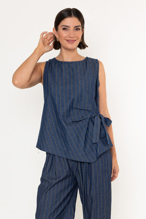 Carraig Donn Denim Cotton Stripe Tie Side Round Neck Sleeveless Top