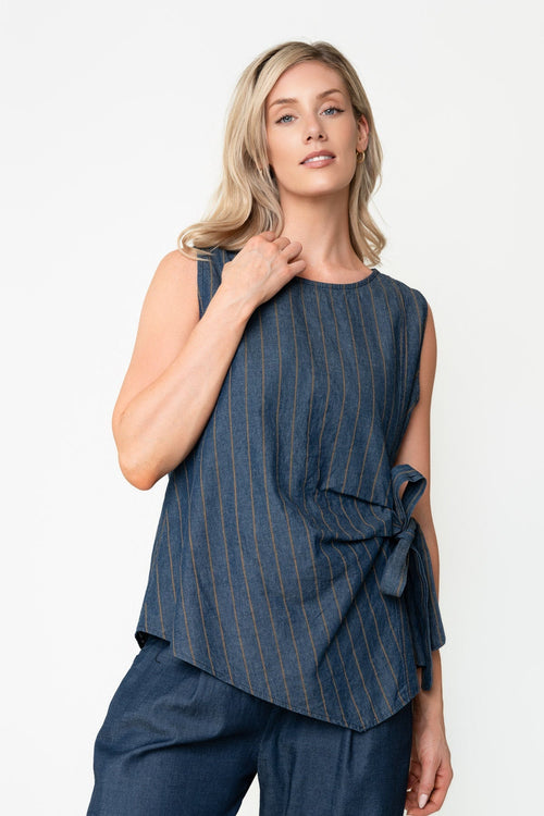 Denim Cotton Stripe Tie Side Round Neck Sleeveless Top