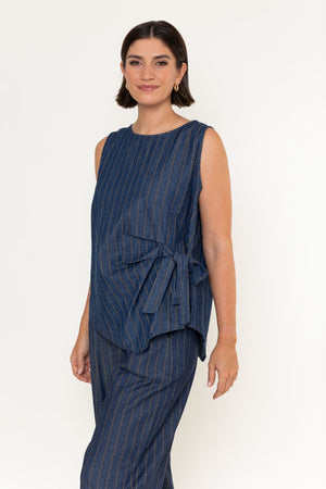 Carraig Donn Denim Cotton Stripe Tie Side Round Neck Sleeveless Top