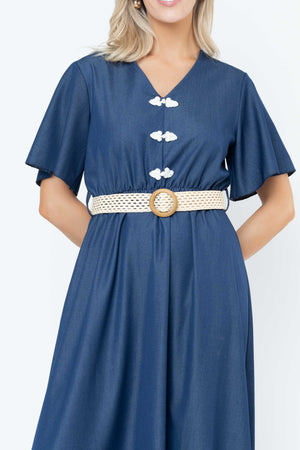 Carraig Donn Denim Mandarin Detail Belted Midi Dress