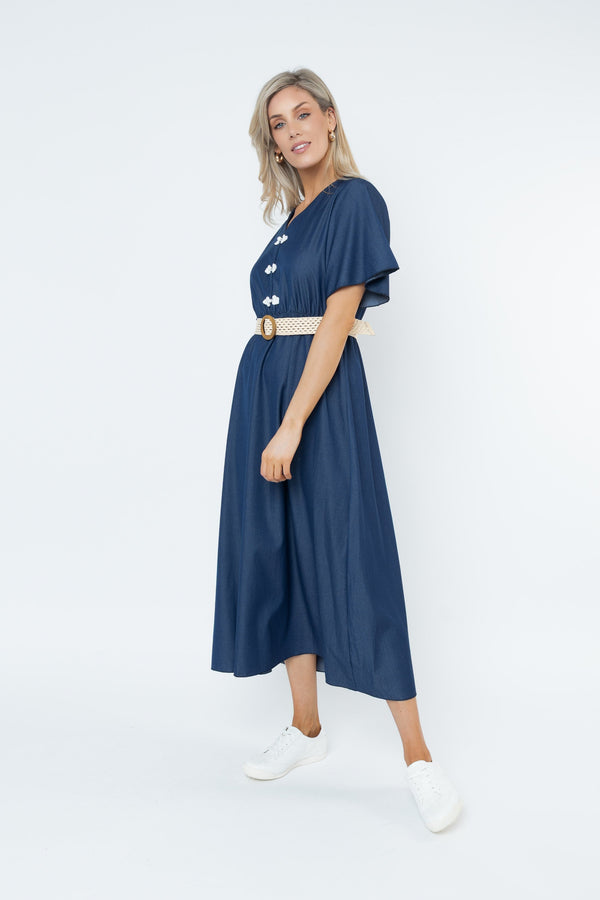 Carraig Donn Denim Mandarin Detail Belted Midi Dress