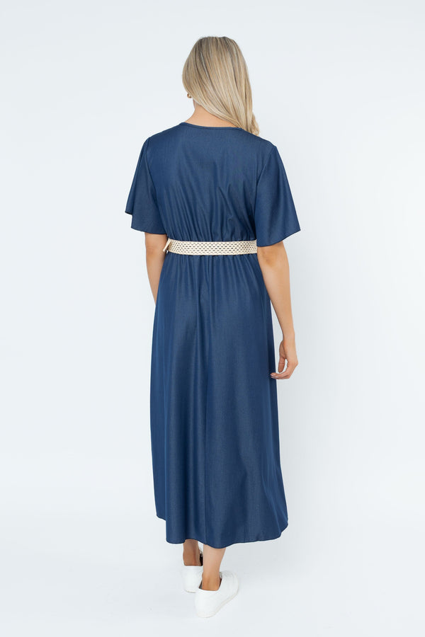 Carraig Donn Denim Mandarin Detail Belted Midi Dress