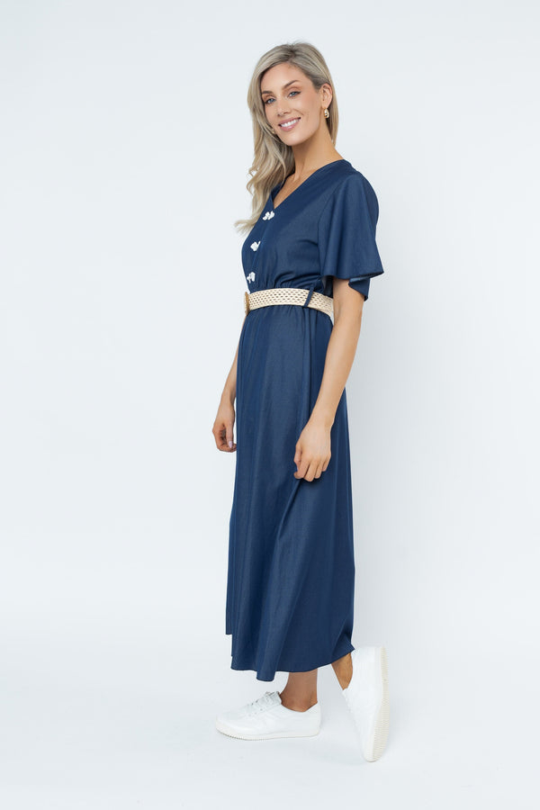 Carraig Donn Denim Mandarin Detail Belted Midi Dress