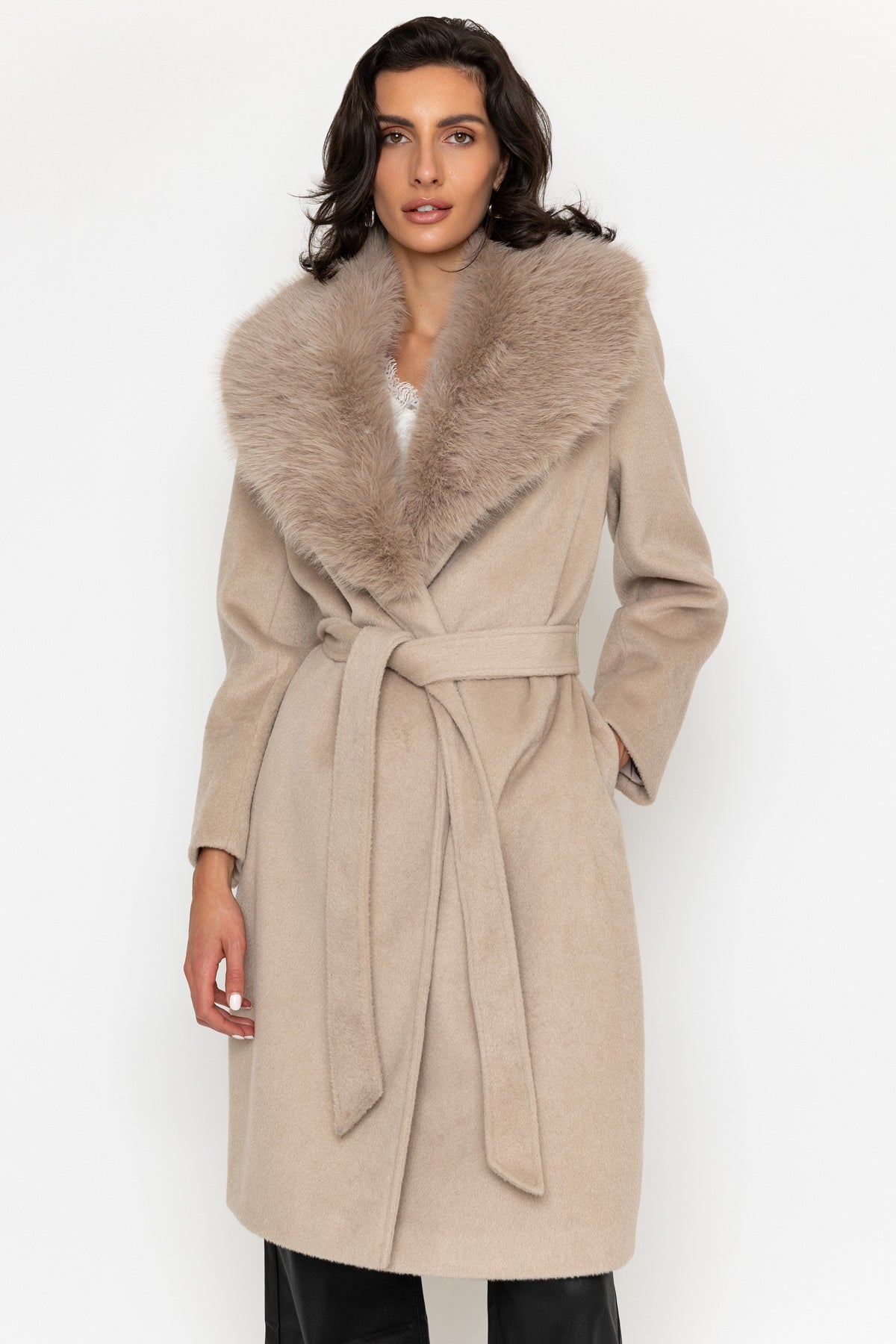 Beige Viscose Blend Detachable Faux Fur Collar Coat