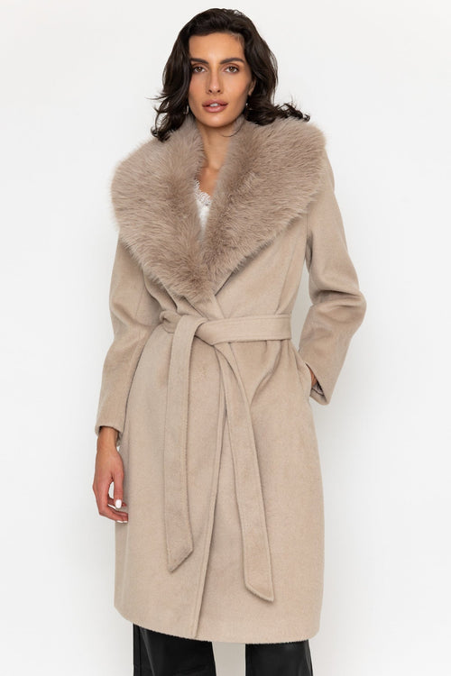 Beige Viscose Blend Detachable Faux Fur Collar Coat