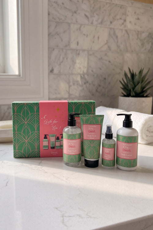 Dwell Lavender & Fig Destress Gift Set of 4 - Body Wash, Body Scrub, Body Lotion & Room Mist