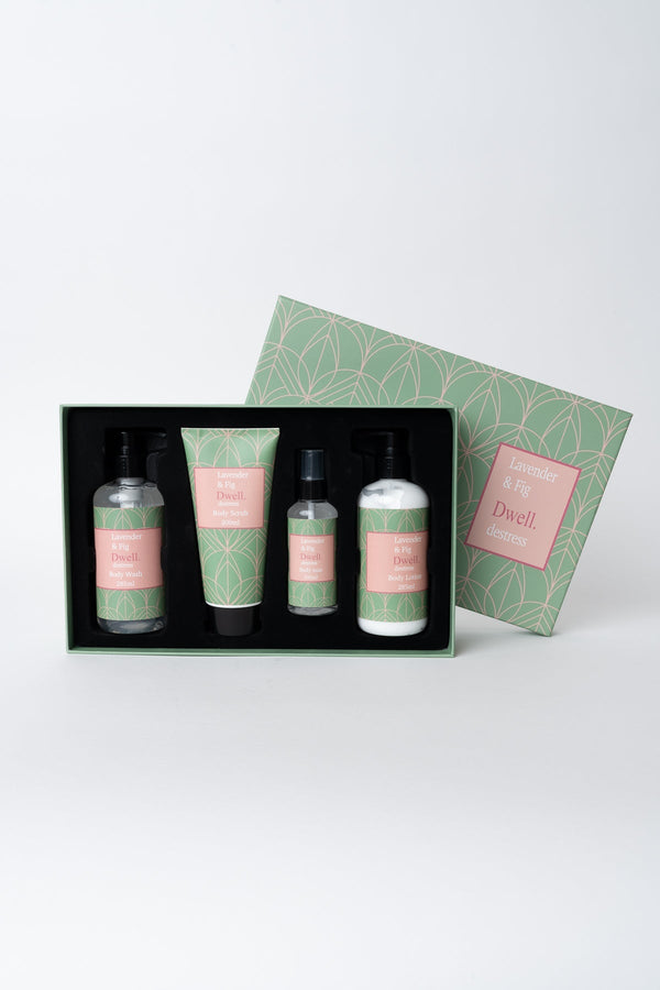Carraig Donn Dwell Lavender & Fig Destress Gift Set of 4 - Body Wash, Body Scrub, Body Lotion & Room Mist