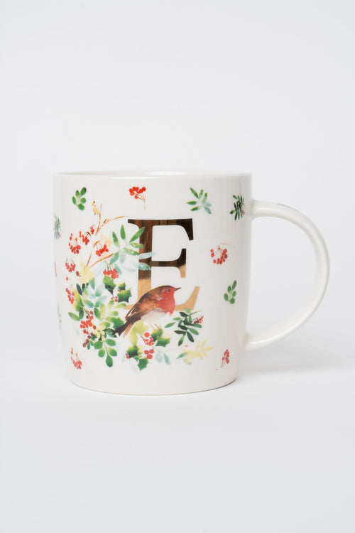 E Christmas Robin Leaf New Bone China Alphabet Mug