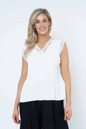 Carraig Donn Ecru Sleeveless Lace Trim Pleat Top