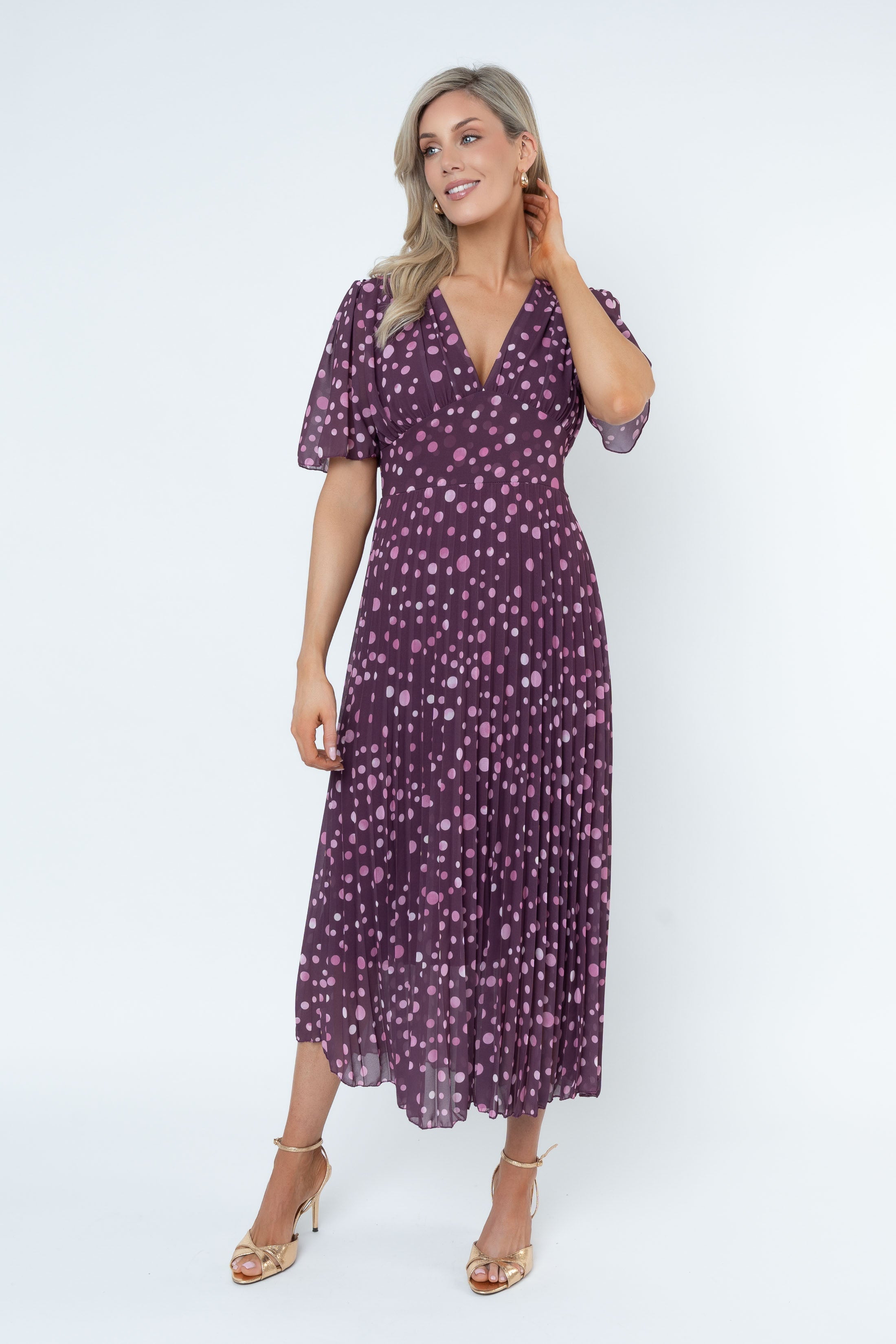 Elisha Burgundy Printed Pleated Midi Dress