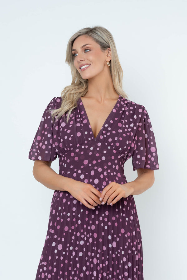 Carraig Donn Elisha Burgundy Printed Pleated Midi Dress