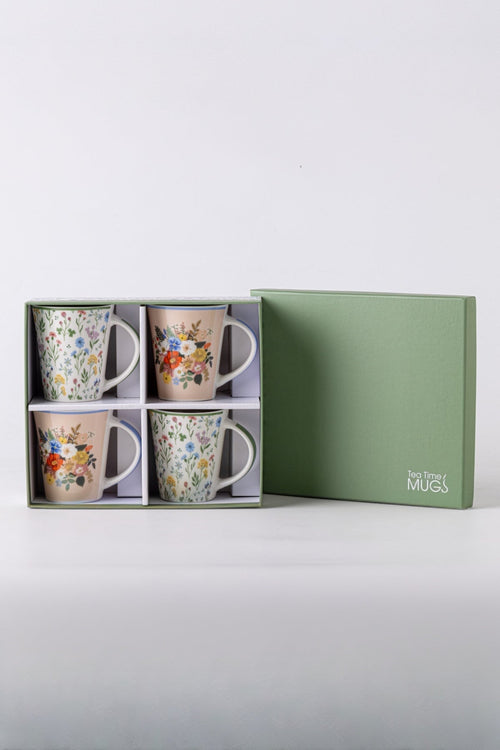 Set Of 4 Ella Flower Bone China Mugs