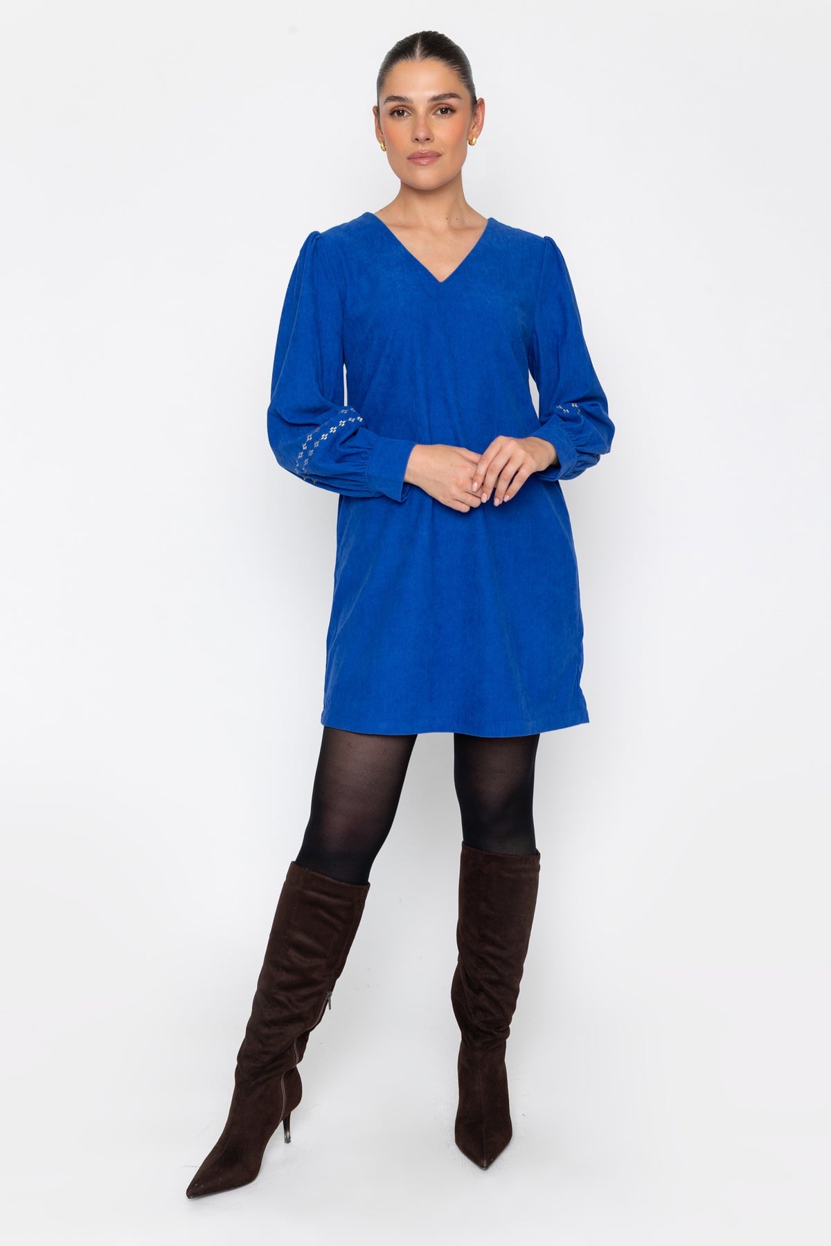 Blue Corduroy Shift Long Sleeve Embroidered Detail Midi Dress