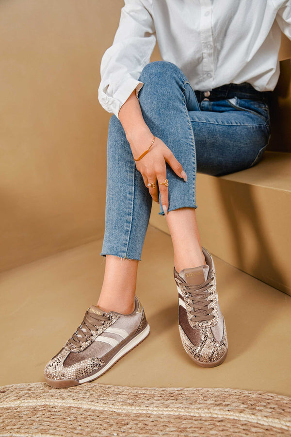 Brown Snake Print Retro Stripe Metallic Detail Trainers