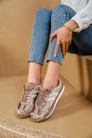 Brown Snake Print Retro Stripe Metallic Detail Trainers