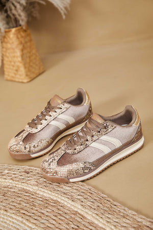 Brown Snake Print Retro Stripe Metallic Detail Trainers